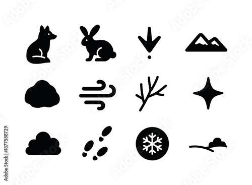 Snowfield Animal Icons. Snowfield animals. Solid icon set of snowfield animals: lone fox, snow hare, small bird footprint, snow ridge, snow lump, frosty wind,