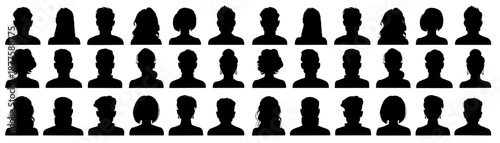 Set  silhouette of anonymous user profile picture icons. Black avatars for men and women with different hairstyles