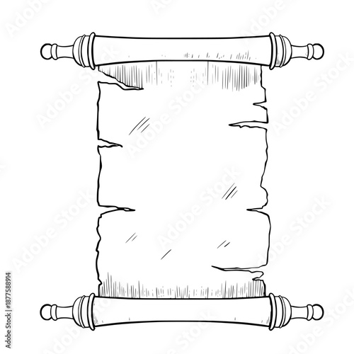 Vector old Parchment Scroll in graphic line style. Linear illustration of suitable Manuscript for medieval designs, fantasy maps, posters. Etching of antique paper for storytelling projects, tattoos.