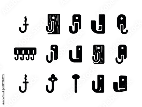 Wall-Mounted Hooks Set. Wall-mounted hooks. Solid icon set of wall-mounted hooks: single screw hook, wood-mounted hook, metal wall hook, hook panel, wall clip