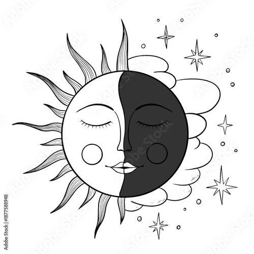 Vector sun and moon celestial symbol. Linear illustration of Day and Night with face for astrology graphics, spiritual posters, tattoos, tarot cards. Black etching of esoteric stars painted by inks.