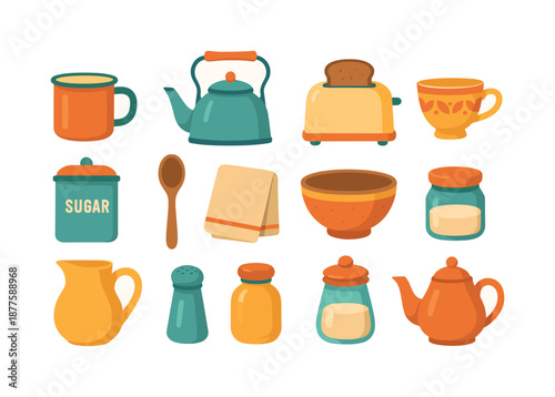 Vintage Kitchen Icons. Vintage Kitchen. Colorful flat vector icons set of Vintage Kitchen: enamel mug, tin kettle, retro toaster, patterned teacup, old-style