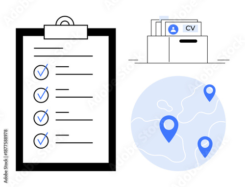 Job recruitment visual. checklist organization, resumes for candidate review, and global hiring locations. Job recruitment aids in candidate selection and HR efficiency. For recruitment, HR, talent