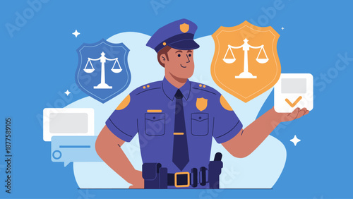 police officer in uniform with justice shields, vector illustration