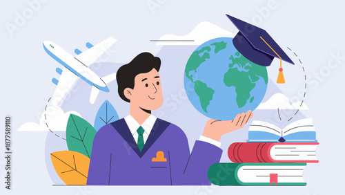 student holding a globe with a graduation cap vector illustration, studying abroad, international education, and global exchange