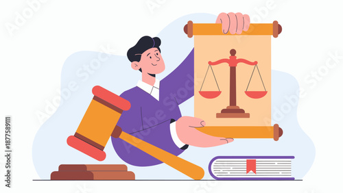 judge holding a scroll with scales of justice vector illustration