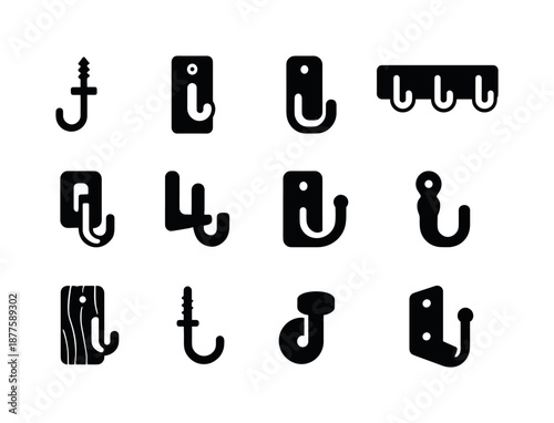 Wall-Mounted Hooks Set. Wall-mounted hooks. Solid icon set of wall-mounted hooks: single screw hook, wood-mounted hook, metal wall hook, hook panel, wall clip
