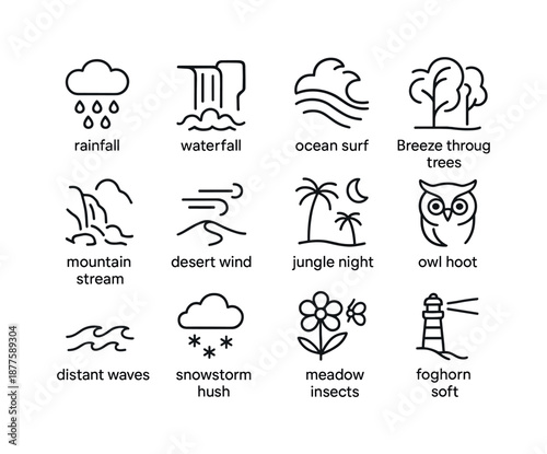 Nature Sound Icons. Nature sleep sounds. Line icon set of Nature sleep sounds: rainfall, waterfall, ocean surf, breeze through trees, mountain stream, desert