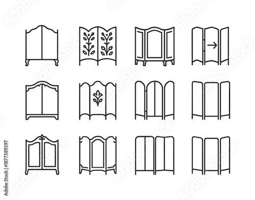 Ornate Folding Screen Icons. Folding screen. Line icon set of folding screen: ornate folding screen, pattern cutouts, vintage screen frame, curved legs,