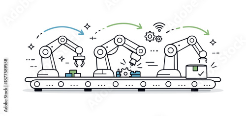 Automated Factory Symphony. Smart factory workflow. Automated robotic arms working in sync along a production line. Precision and reliability, abstract arrows
