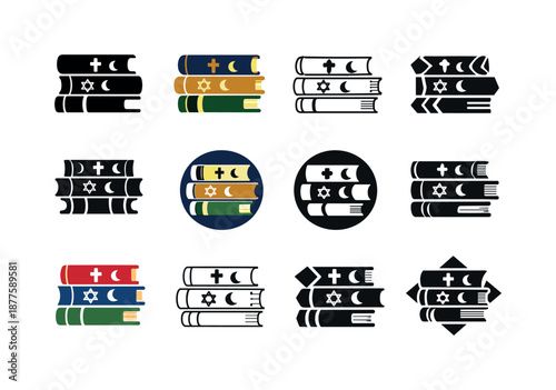 Theology Book Logos. theology books. Icon set. Set Logo of theology books: stacked religious books. harmonious logo variations of the same emblematic concept,