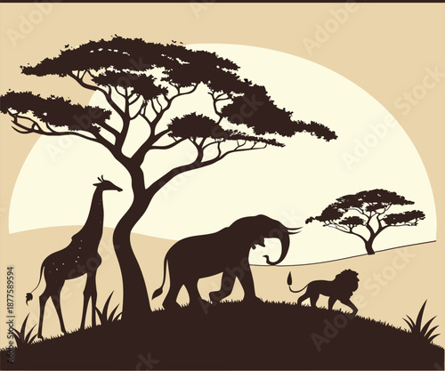 African Safari Sunset Silhouette with Elephant Lion vector 