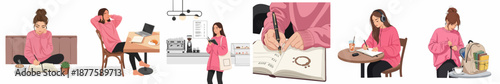 Collection of illustrations showing a young woman in a pink sweater studying, working remotely, reading, and enjoying coffee in a cozy cafe setting.