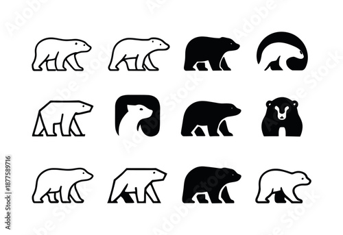 Marine Mammal Logos. Marine mammals. Icon set. Set Logo of Marine mammals: polar bear outline. harmonious logo variations of the same emblematic concept, each