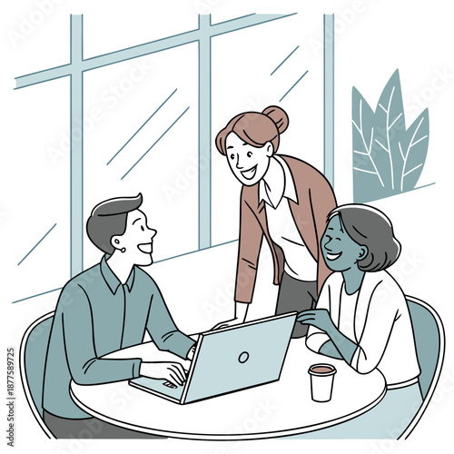 Three colleagues smiling while collaborating and discussing a project on a laptop. A group of three diverse professionals, two women and one man, are engaged in a collaborative discussion around a lap