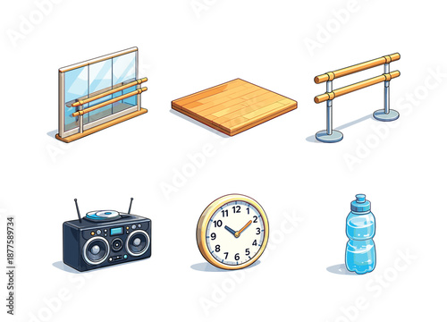 Dance Studio Icons. Dance Studio. Isometric flat vector icons set of Ballet and Modern Dance Sections: mirrored wall, wooden floor, ballet barre, sound system,
