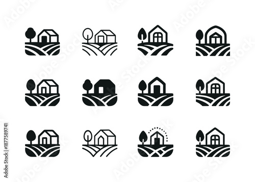 Farm Greenhouse Logos. A small farm with a hand-built greenhouse for growing vegetables. Icon set. Set Logo of A small farm with a hand-built greenhouse for