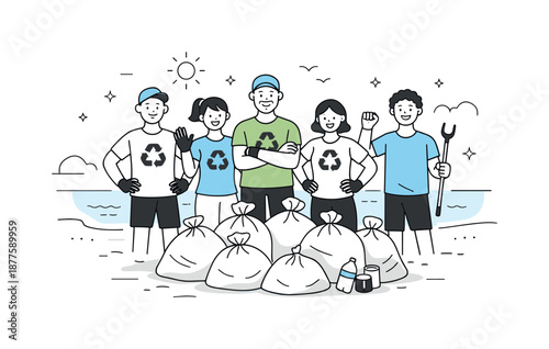 Beach Cleanup Success. Group doing beach cleanup result. Volunteers standing proudly by a clean beach with trash bags collected. Sense of achievement and