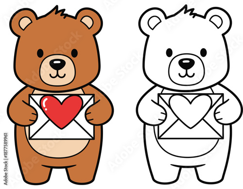A vector illustration of a cute teddy bear clutching a love letter envelope with a red heart and a black and white coloring page outline