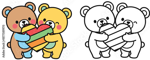 A vector picture of a cute bear couple clutching a rainbow heart with a black and white coloring page outline