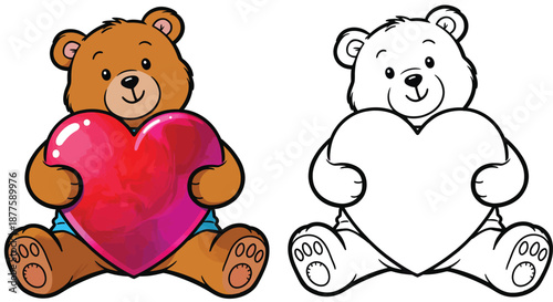 A vector picture of a cute teddy bear clutching a big, glossy heart with a black and white coloring page outline