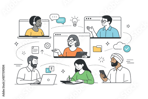 Remote Team Collaboration. Remote inclusive team. Diverse professionals connected through screens and devices, collaborating across locations. Calm digital