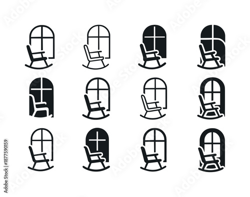 Rocking Chair Logos. Rocking chair by the window. Icon set. Set Logo of rocking chair by the window: modern window + rocker composition. harmonious logo
