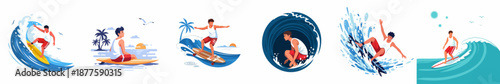 Dynamic set of vector illustrations showcasing male surfers riding ocean waves, performing tricks, and enjoying the tropical beach lifestyle during summer vacation.