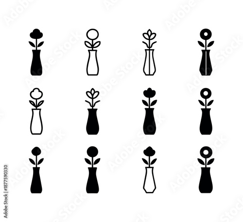 Tabletop Vase Icons. Tabletop flower vase. Icon set. Set Logo of tabletop flower vase: tall slender vase. harmonious logo variations of the same emblematic