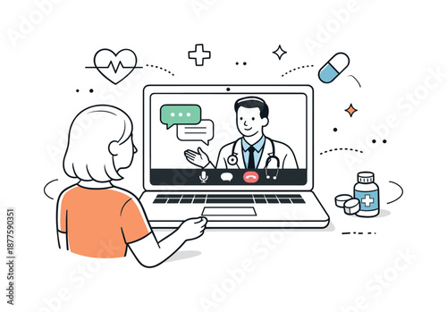 Remote Medical Consultation. Telehealth appointment. Doctor and patient communicating through a video call on a laptop, representing remote medical care. Calm