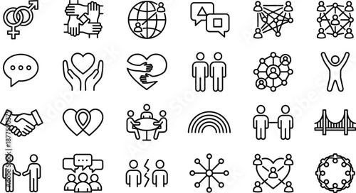 Social connection and community outline icon set featuring teamwork communication relationships support networking collaboration diversity unity symbols