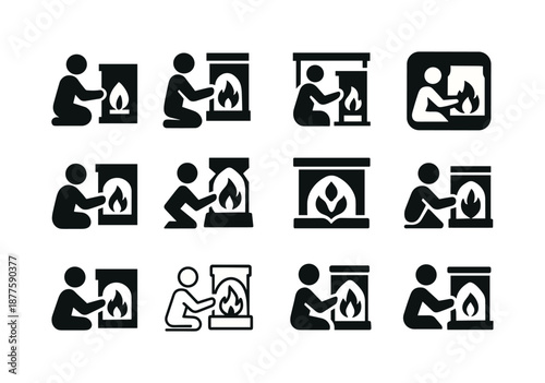 Cozy Fireplace Icons. People enjoying a warm fire in the fireplace. Icon set. Set Logo of people enjoying a warm fire in the fireplace: person warming hands.