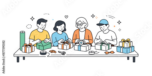 Gift Wrapping Collaboration. Community gift wrapping event. People working side by side at a table with boxes and paper, sense of cooperation and generosity.