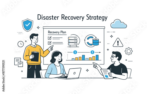 IT Disaster Recovery Plan. Disaster recovery strategy. IT team reviewing a recovery plan with servers, backups, and timeline charts, preparing for potential