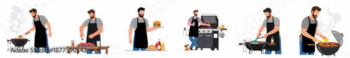 Barbecue scenes collection: Bearded man cooking meat and burgers on a grill, preparing for a summer outdoor party.