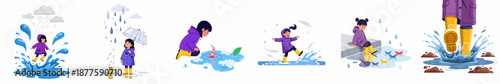Happy children playing in the rain and splashing in puddles, wearing colorful raincoats and yellow rubber boots. A collection of playful rainy day vector illustrations.