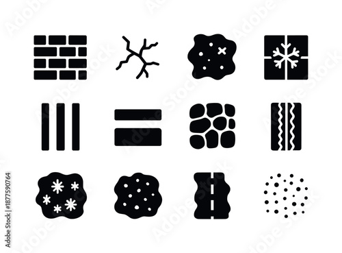 Urban Texture Icons. Street textures. Solid icon set of street textures: brick wall, asphalt cracks, slush patch, icy tile, sidewalk lines, curb