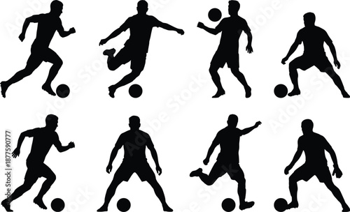 Soccer player silhouette set showing football dribbling kicking passing actions isolated on white background sports vector illustration collection graphic design