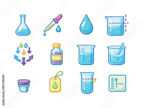 Colorful Dilution Icons. Dilution Setup. Colorful flat vector icons set of Dilution Setup: volumetric flask, pipette, drop icon, fill line, dilution arrows,