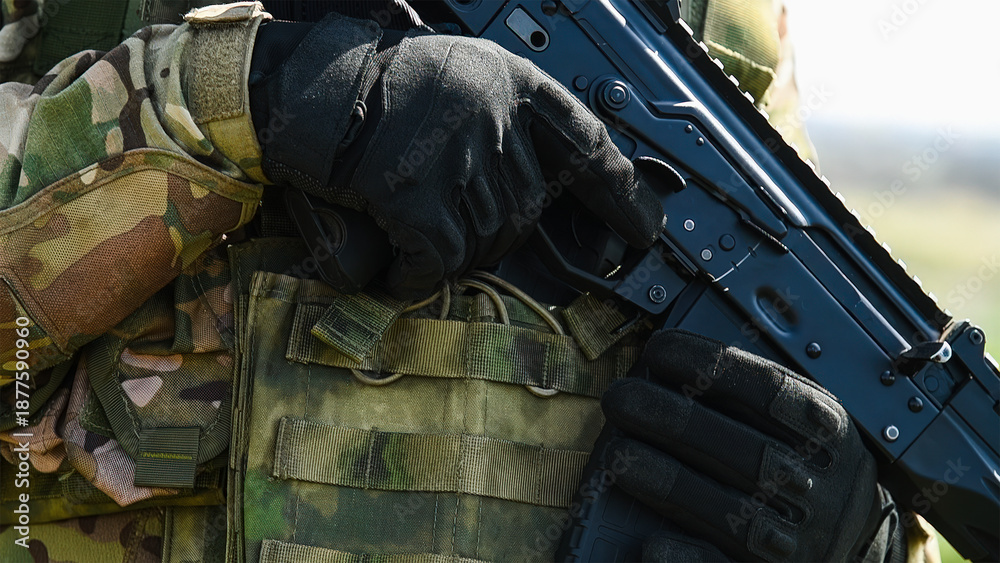 Fototapeta premium Modern soldier in camouflage uniform. The military concept