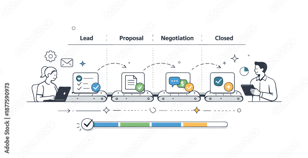 Fototapeta Automated Sales Funnels. Sales pipeline automation. Deals automatically advancing across a structured funnel. Calm data-driven atmosphere emphasizing speed,