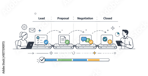 Automated Sales Funnels. Sales pipeline automation. Deals automatically advancing across a structured funnel. Calm data-driven atmosphere emphasizing speed,