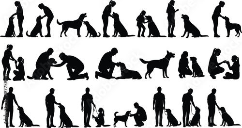 Black silhouettes of people training and bonding with dogs, pet owners interacting with Labrador retrievers, diverse set of human and canine companionship icons on white background.