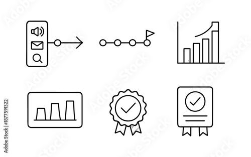 Business icons set with charts and achievements in linear style