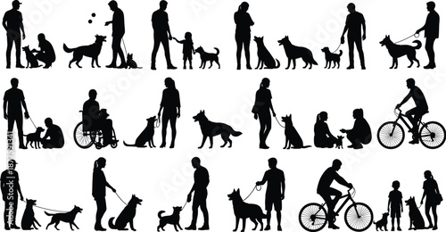 Large collection of black silhouettes showing people walking dogs riding bicycles and using wheelchairs in various outdoor activities for park and urban lifestyle designs.