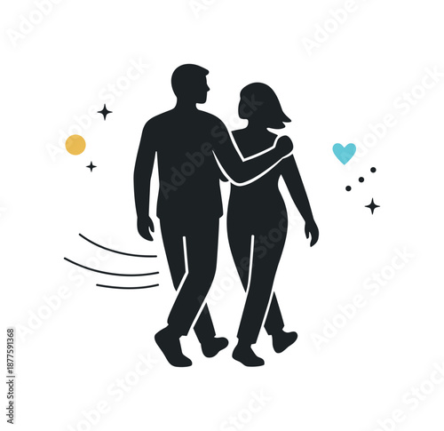 Connected Silhouettes. Couple silhouettes illustration. Two abstract human silhouettes walking side by side, slight motion lines suggesting connection and