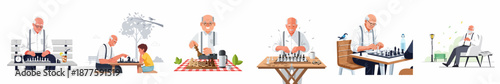 Elderly man enjoying chess outdoors in various settings, playing against a boy, demonstrating retirement hobbies, intellectual games, and park leisure activities.