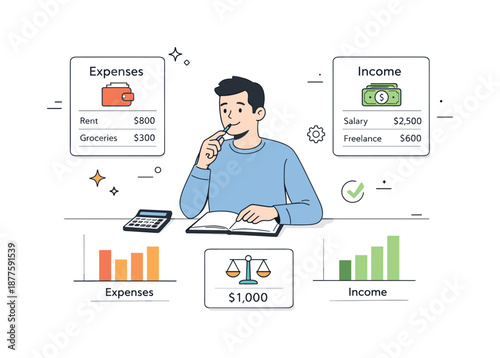 Budget Planning Strategy. Financial planning budget review. Person analyzing expenses and income shown as simple cards and bar charts, thoughtful and organized