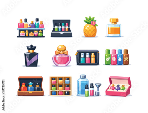 Colorful Perfume Icons. Perfume Collection. Colorful flat vector icons set of Perfume Collection: shelf display bottles, mini-sample set, seasonal edition