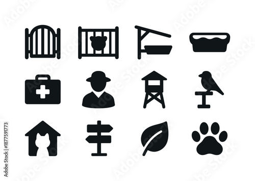 Wildlife Sanctuary Icons. Wildlife sanctuaries and animal care facilities. Solid icon set of wildlife sanctuaries and animal care facilities: sanctuary gate,